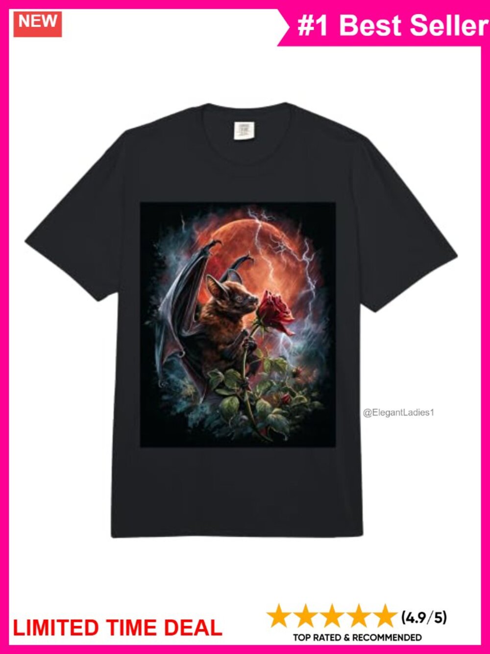 Gothic Bat Rose Heavyweight Cotton Tee Relaxed Fit Short Sleeve